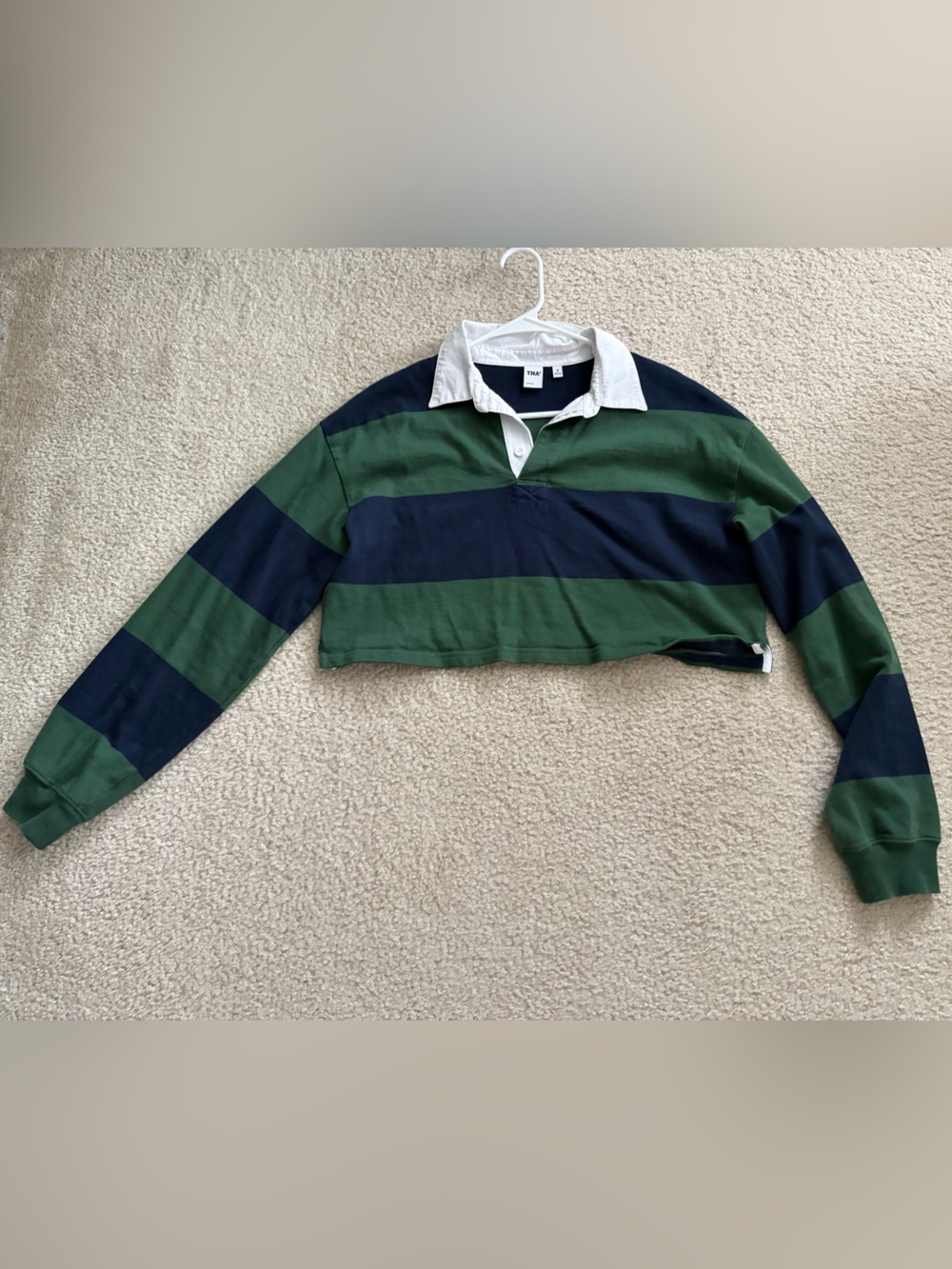 Aritzia Cropped Rugby Shirt in Green and Navy with White Collar